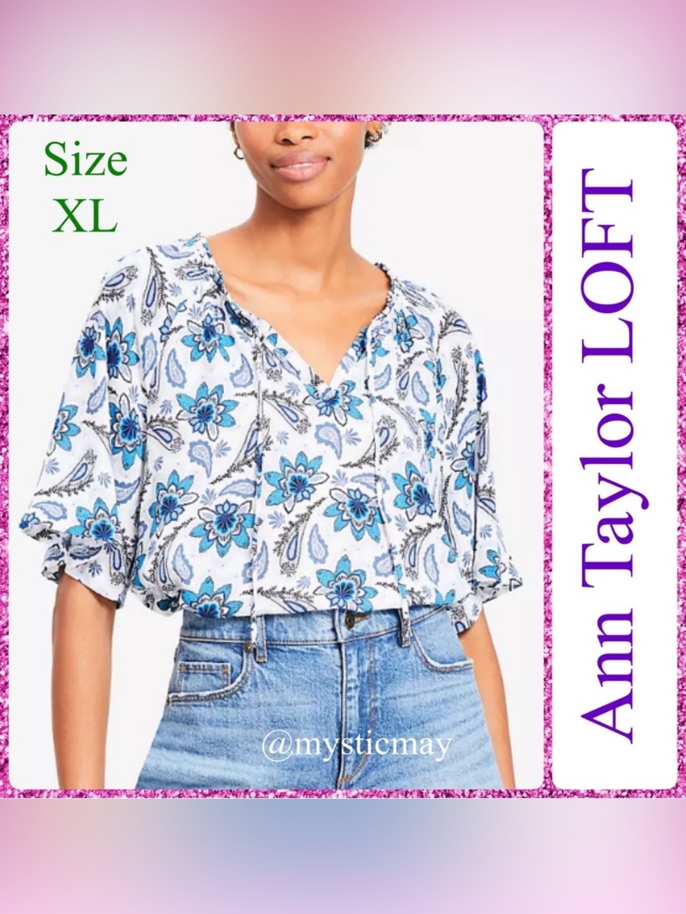 New Ann Taylor LOFT White Blue Paisley Tie Neck Mixed Media Blouse Top Size XL